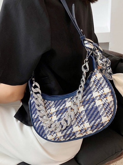 Original Chic Plaid With Chain&Scarf Zipper Canvas Shoulder Bag