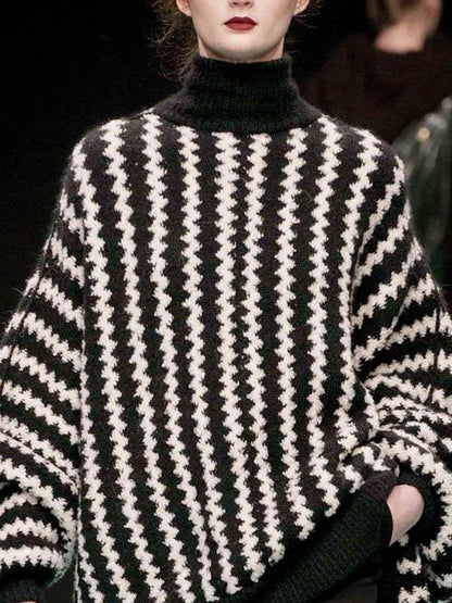 Casual Stripe Printed High-neck Sweater
