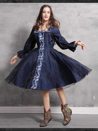 Vintage Split-joint Embroidered Denim Dress