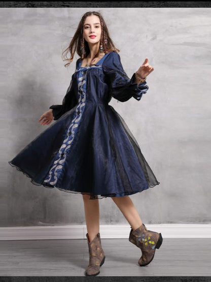 Vintage Split-joint Embroidered Denim Dress