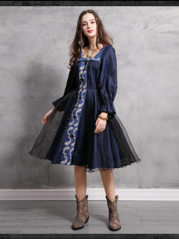 Vintage Split-joint Embroidered Denim Dress