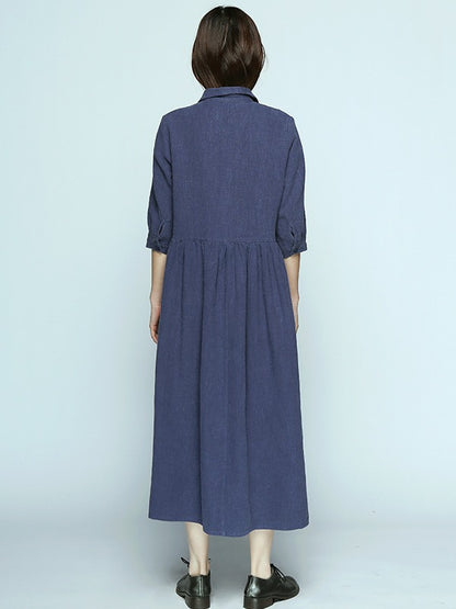 Simple Casual Half Sleeve Ramie Cotton Long Dress