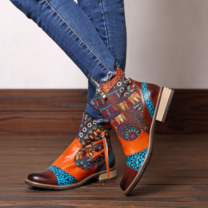 Printed leather midheel jeans boots