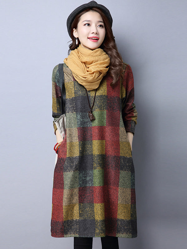 RETRO PLAID THICKEN WOOLEN MINI DRESS