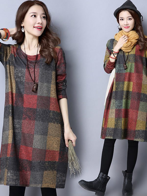 RETRO PLAID THICKEN WOOLEN MINI DRESS