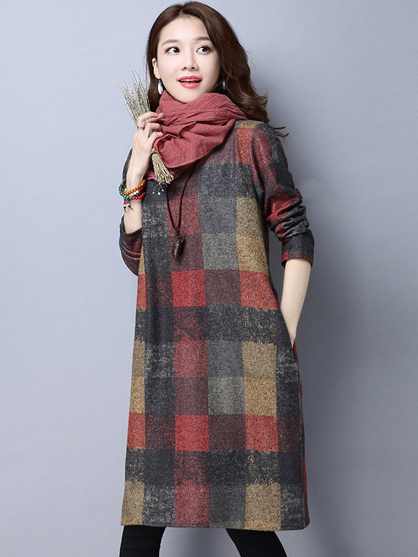 RETRO PLAID THICKEN WOOLEN MINI DRESS