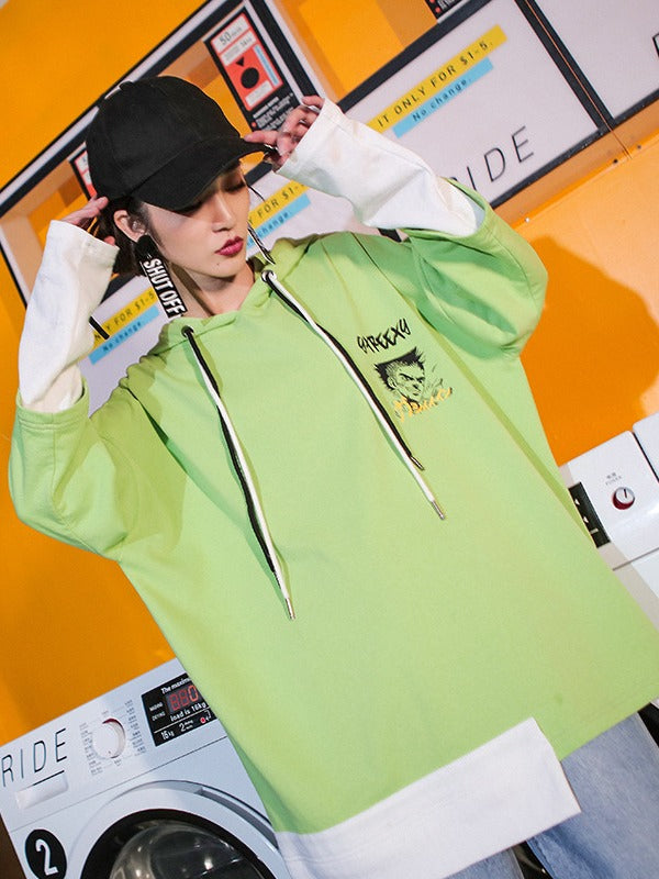 Tide Loose Print Cropped Splicing False Two Hoodie