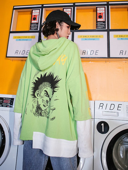 Tide Loose Print Cropped Splicing False Two Hoodie