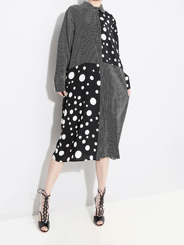 POLKA-DOT SPLIT-JOINT PLAID SHIRT DRESS