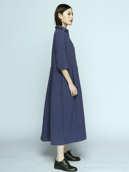 Simple Casual Half Sleeve Ramie Cotton Long Dress