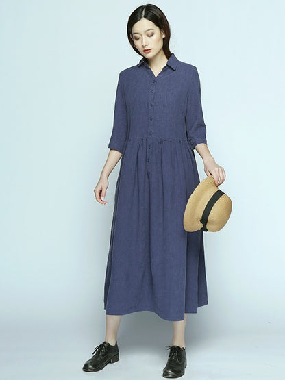 Simple Casual Half Sleeve Ramie Cotton Long Dress