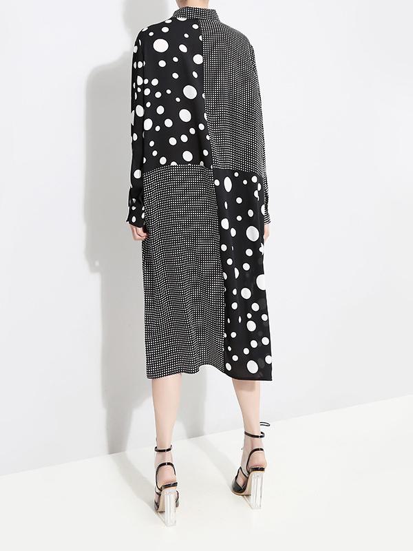 POLKA-DOT SPLIT-JOINT PLAID SHIRT DRESS