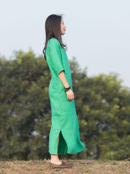 RETRO SOLID RAMIE COTTON SPLIT-SIDE MAXI DRESS