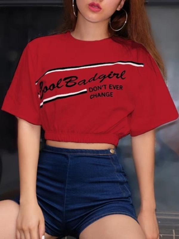 LETTER PRINTED SMOCKED WAIST SEMI T-SHIRT TOPS