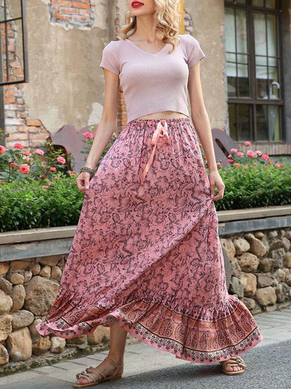Falbala Printed Elasticity Waist Skirts Bottom