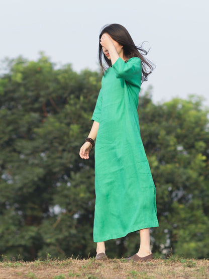 RETRO SOLID RAMIE COTTON SPLIT-SIDE MAXI DRESS