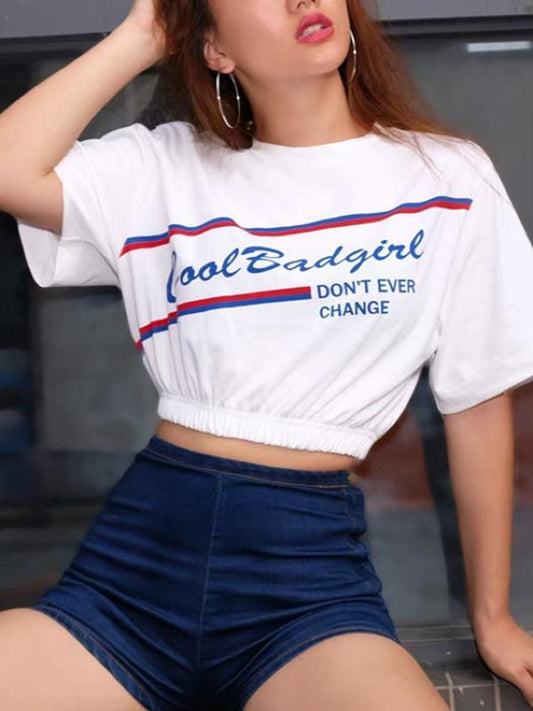 LETTER PRINTED SMOCKED WAIST SEMI T-SHIRT TOPS