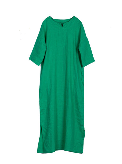 RETRO SOLID RAMIE COTTON SPLIT-SIDE MAXI DRESS