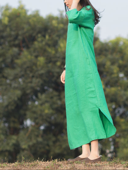 RETRO SOLID RAMIE COTTON SPLIT-SIDE MAXI DRESS