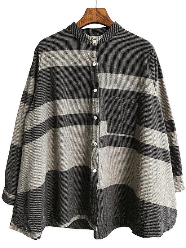 Ramie Cotton Split-joint Striped Shirt