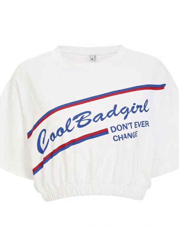 LETTER PRINTED SMOCKED WAIST SEMI T-SHIRT TOPS