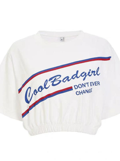 LETTER PRINTED SMOCKED WAIST SEMI T-SHIRT TOPS