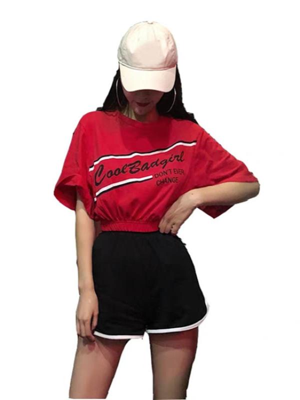 LETTER PRINTED SMOCKED WAIST SEMI T-SHIRT TOPS