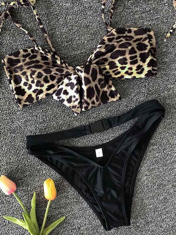 Snake-Print Bandeau Knotted Split Bikini Swimsuit