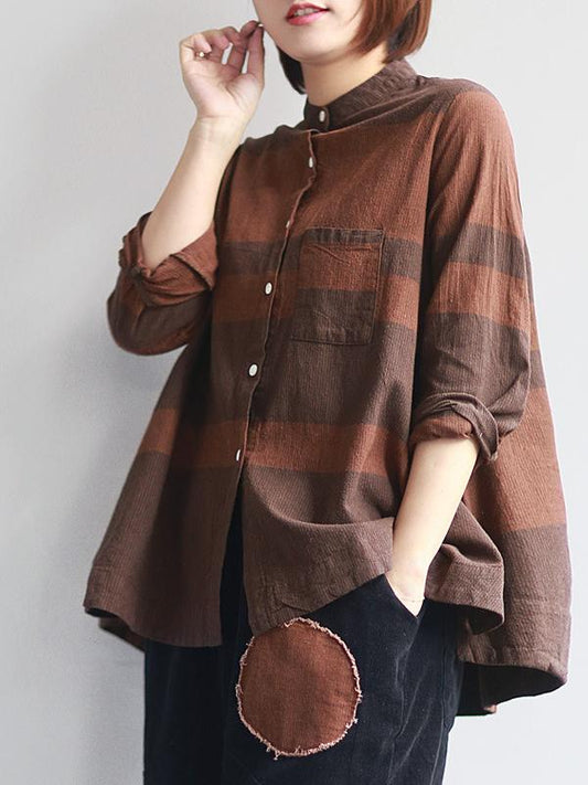 Ramie Cotton Split-joint Striped Shirt