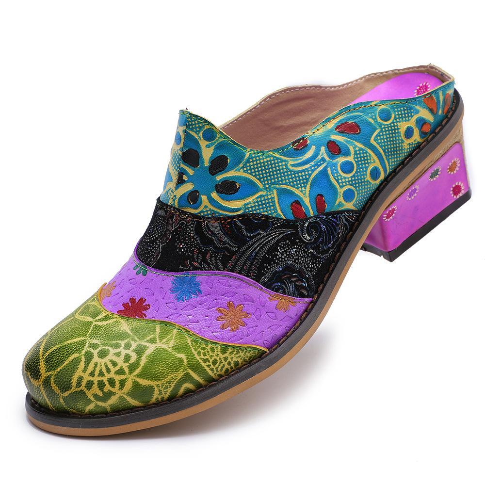 Splicing Genuine Leather Print Slipper Retro Sandals