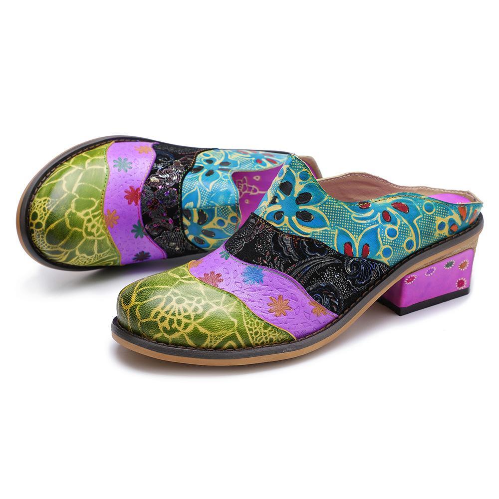 Splicing Genuine Leather Print Slipper Retro Sandals