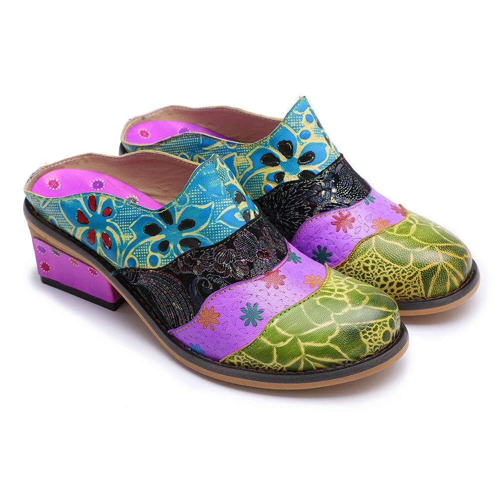 Splicing Genuine Leather Print Slipper Retro Sandals