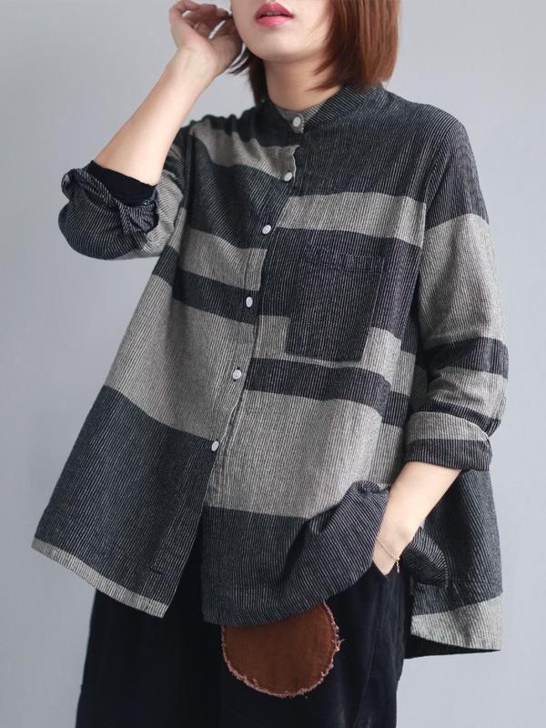 Ramie Cotton Split-joint Striped Shirt