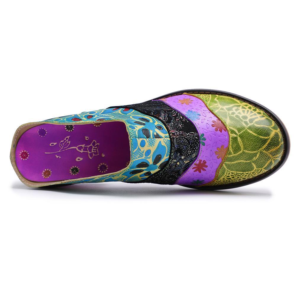 Splicing Genuine Leather Print Slipper Retro Sandals