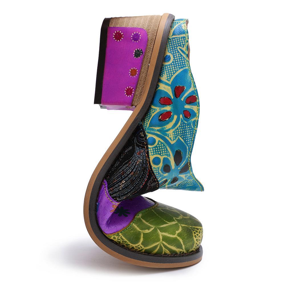 Splicing Genuine Leather Print Slipper Retro Sandals