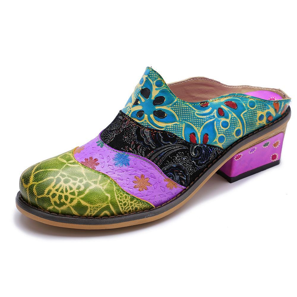 Splicing Genuine Leather Print Slipper Retro Sandals
