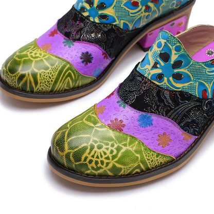 Splicing Genuine Leather Print Slipper Retro Sandals