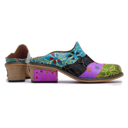 Splicing Genuine Leather Print Slipper Retro Sandals