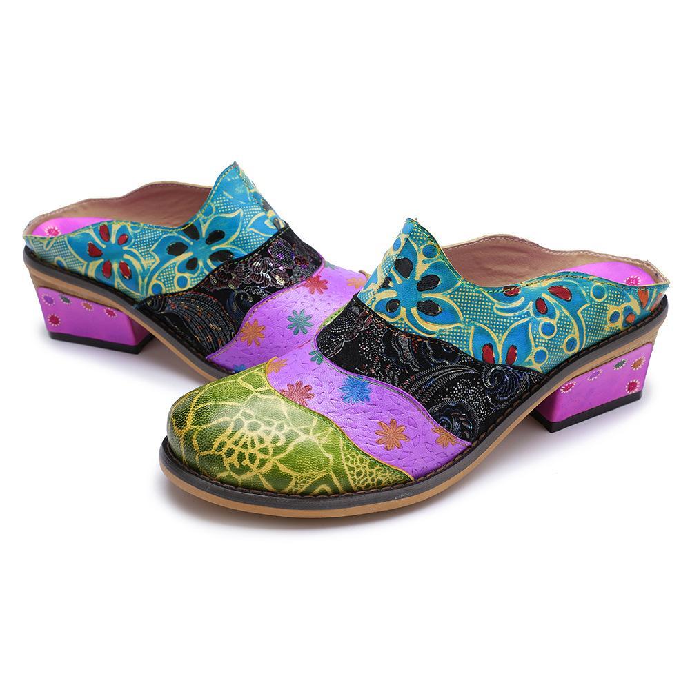 Splicing Genuine Leather Print Slipper Retro Sandals