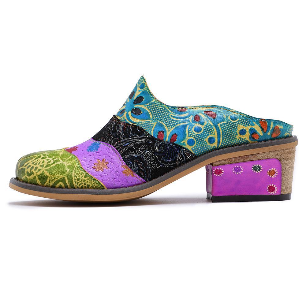 Splicing Genuine Leather Print Slipper Retro Sandals