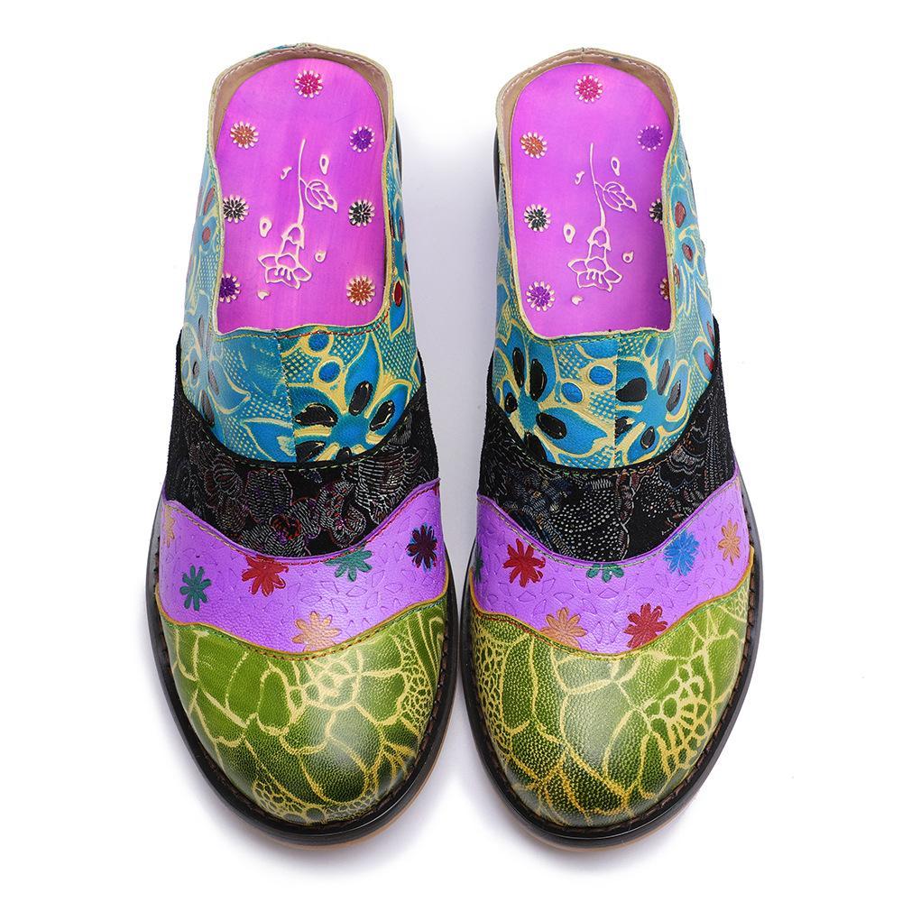 Splicing Genuine Leather Print Slipper Retro Sandals