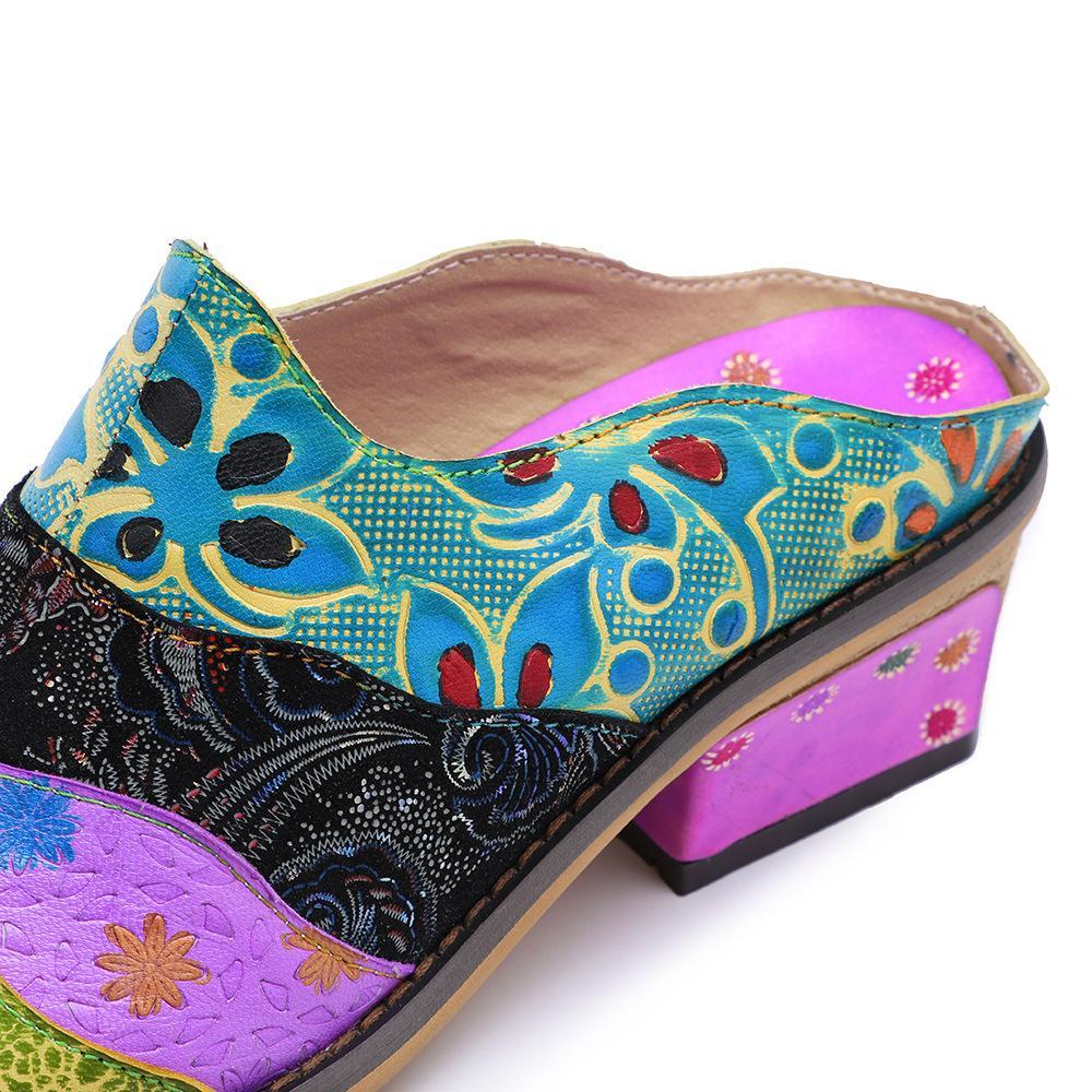 Splicing Genuine Leather Print Slipper Retro Sandals