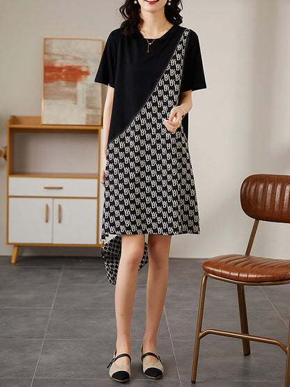 Original Loose Split-Joint Letter Printed Round-Neck Short Sleeves False Two Mini Dress