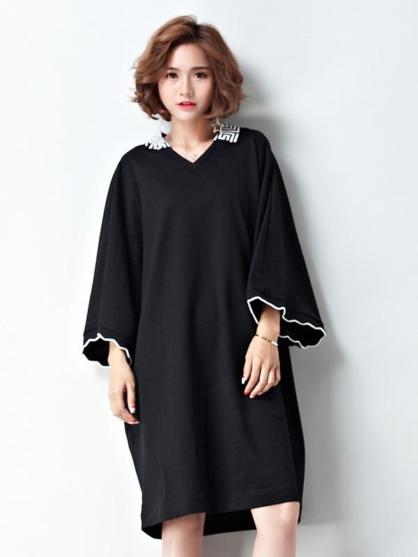 Loose Plus Size Split-Joint Black Midi Dress