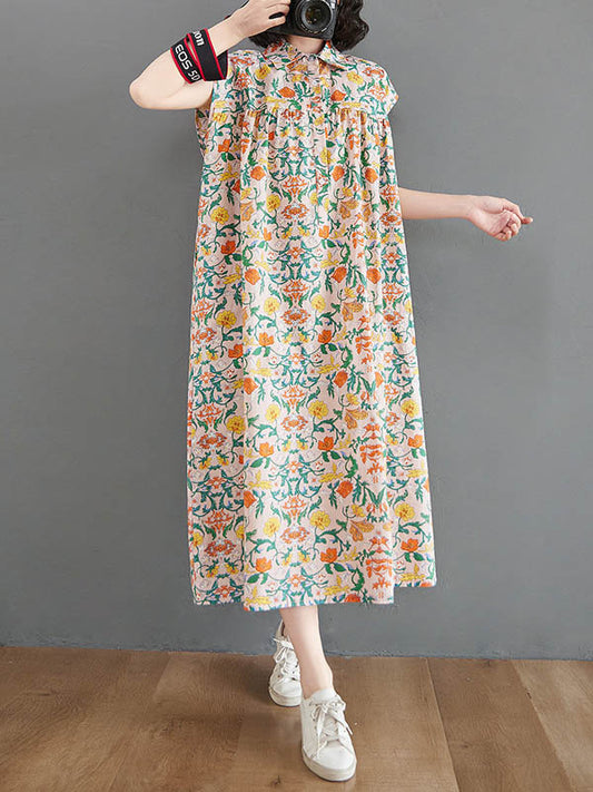 Artistic Retro Floral Printed Pleated Buttoned Lapel Collar Short Sleeves Midi Dress