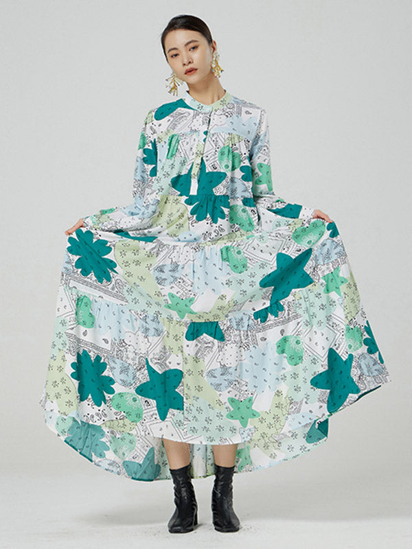 Original Buttoned Printed Stand Collar Long Sleeves Loose Midi Dress