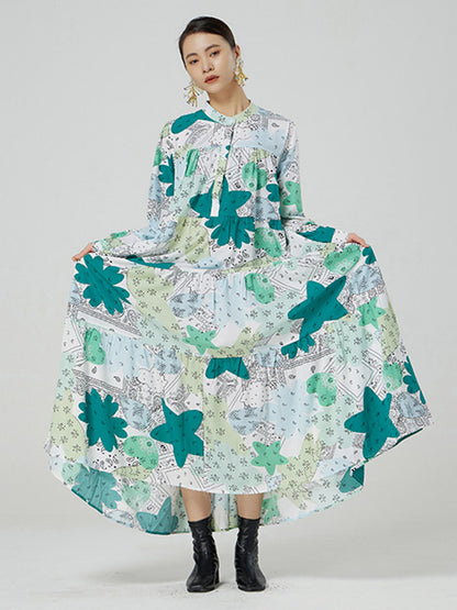 Original Buttoned Printed Stand Collar Long Sleeves Loose Midi Dress