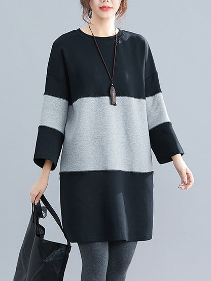 Casual Loose Split-Joint Round-Neck Long Sleeves Mini Dress
