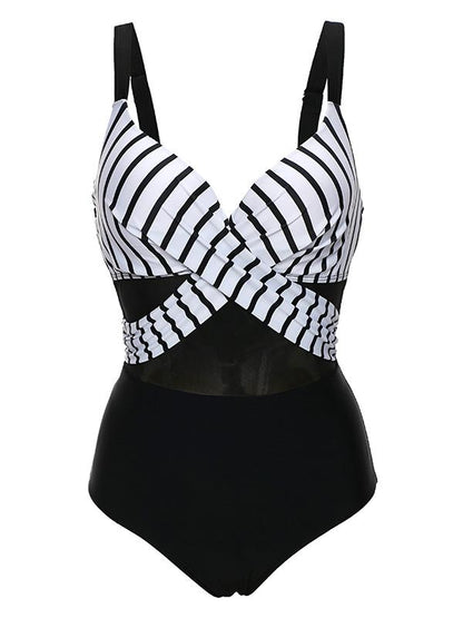 Striped Gauze Split-joint One-piece Swimsuit