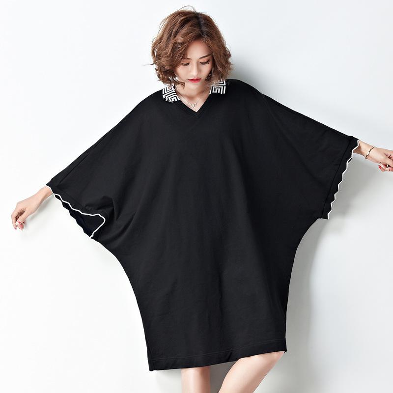 Loose Plus Size Split-Joint Black Midi Dress